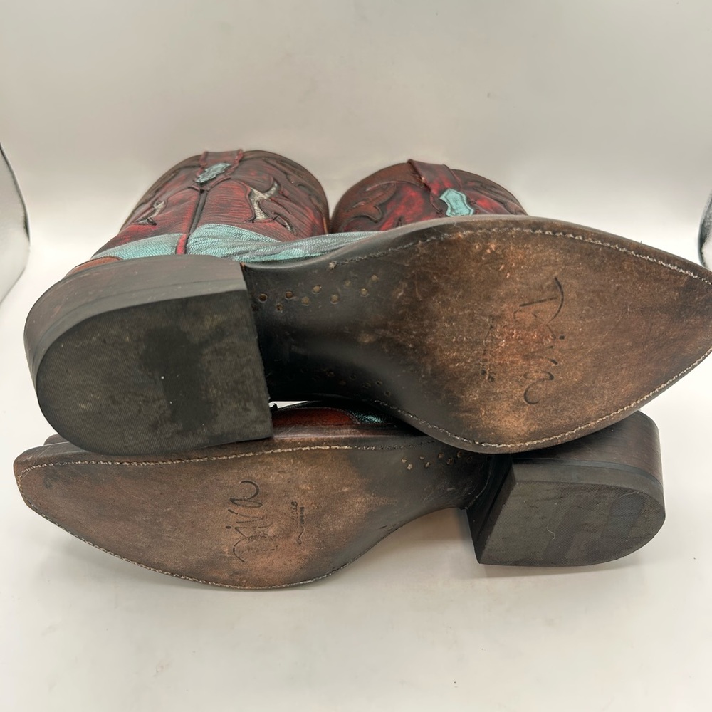 Lucchese Women’s Western Cowboy Boots Red Teal & Brown Distressed Leather Size 7 - Picture 17 of 17